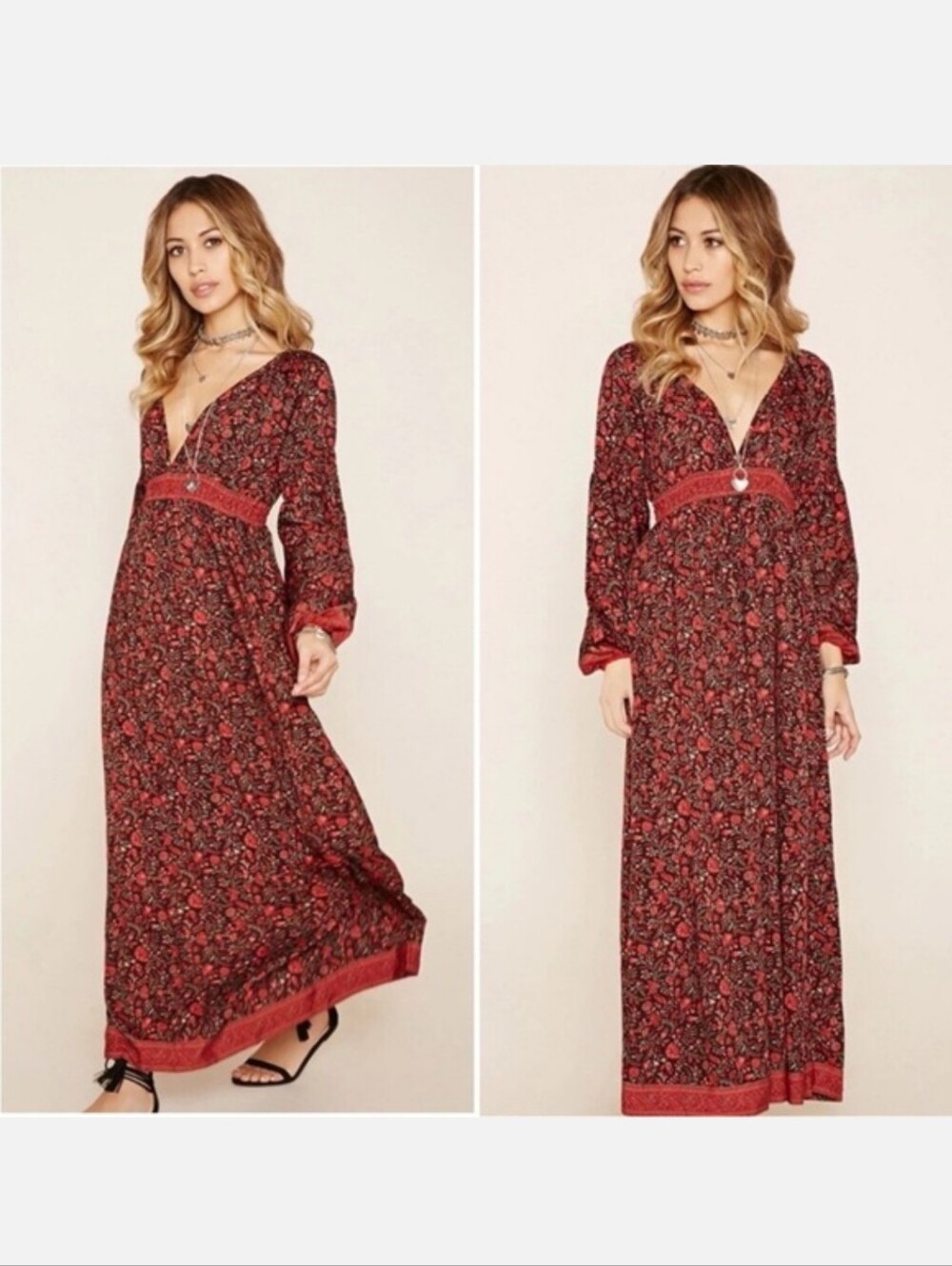 R by Raga For Anthropology Floral Plunge Neck Maxi Bohemian Cottagecore Dress LG